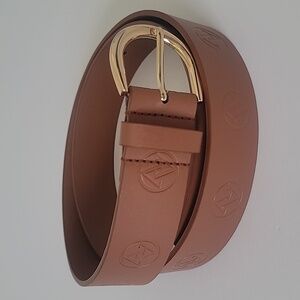 Adrienne Vittadini AV Signature Logo Brown Belt With Polished Gold Buckle L/XL